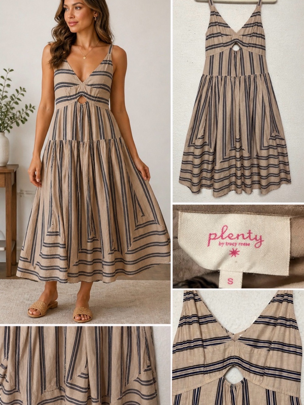 Plenty by Tracy Reese Striped Midi Dress Cutout Beige Navy Size S